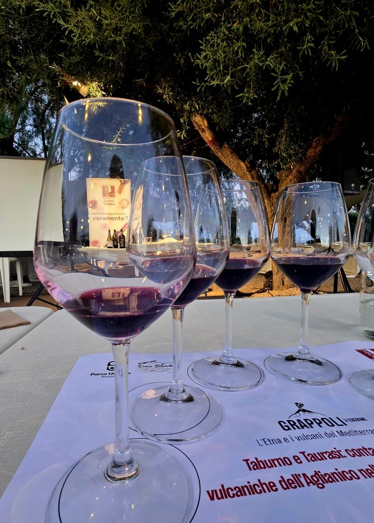 Calici di vino rosso durante la masterclass sui vini vulcanici alla manifestazione Grappoli 2026 a Belpasso.
