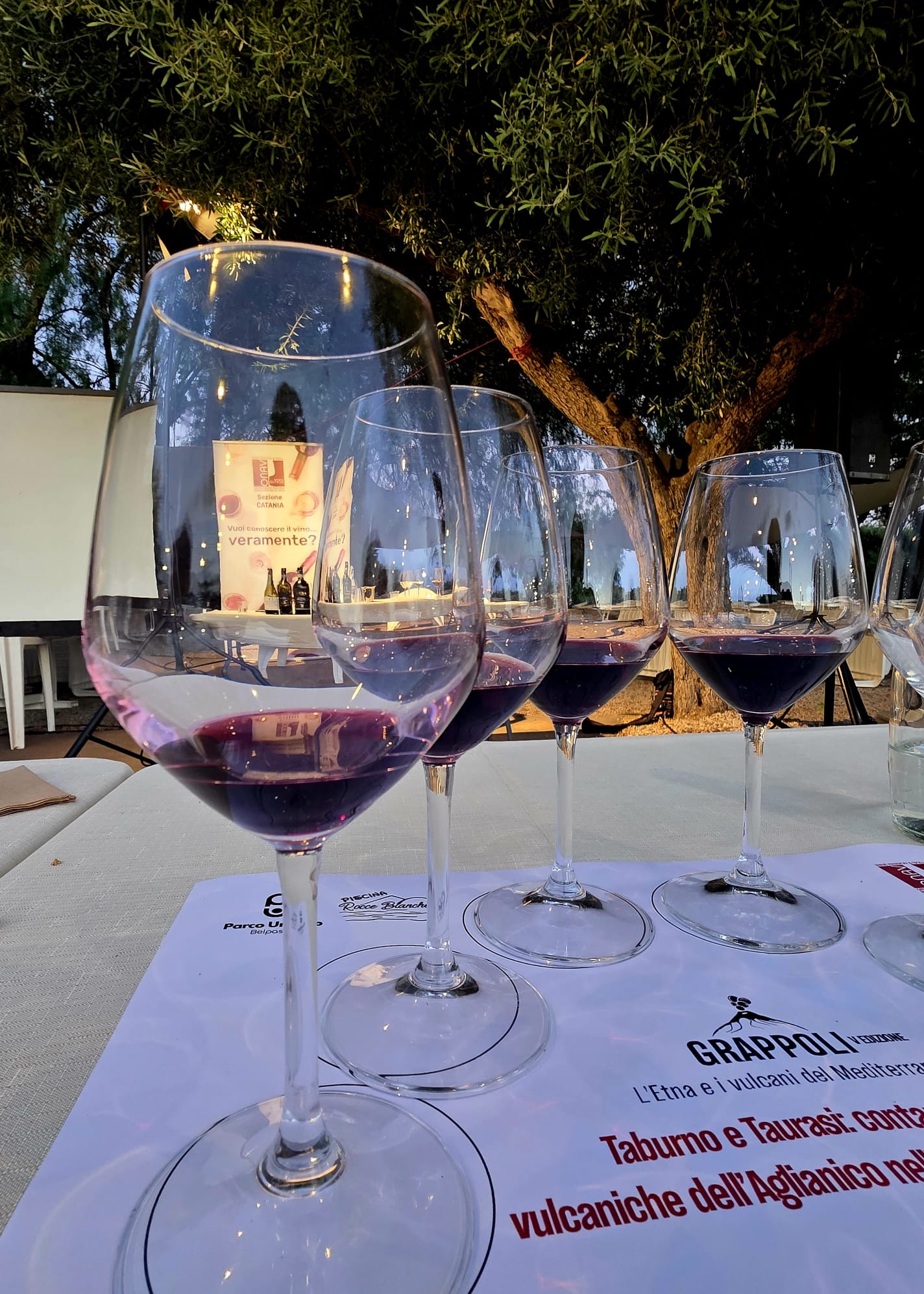 Calici di vino rosso durante la masterclass sui vini vulcanici alla manifestazione Grappoli 2026 a Belpasso.